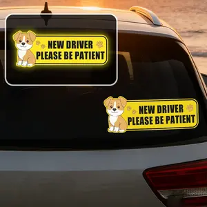 Cute Dog Pattern Reflective New Driver Car Sticker, Safety Reminder Decal, Waterproof Student Driver Car Sticker Please Be Patient, Night Visibility Reflective Car Window Bumper Decal, Sticker For Cars