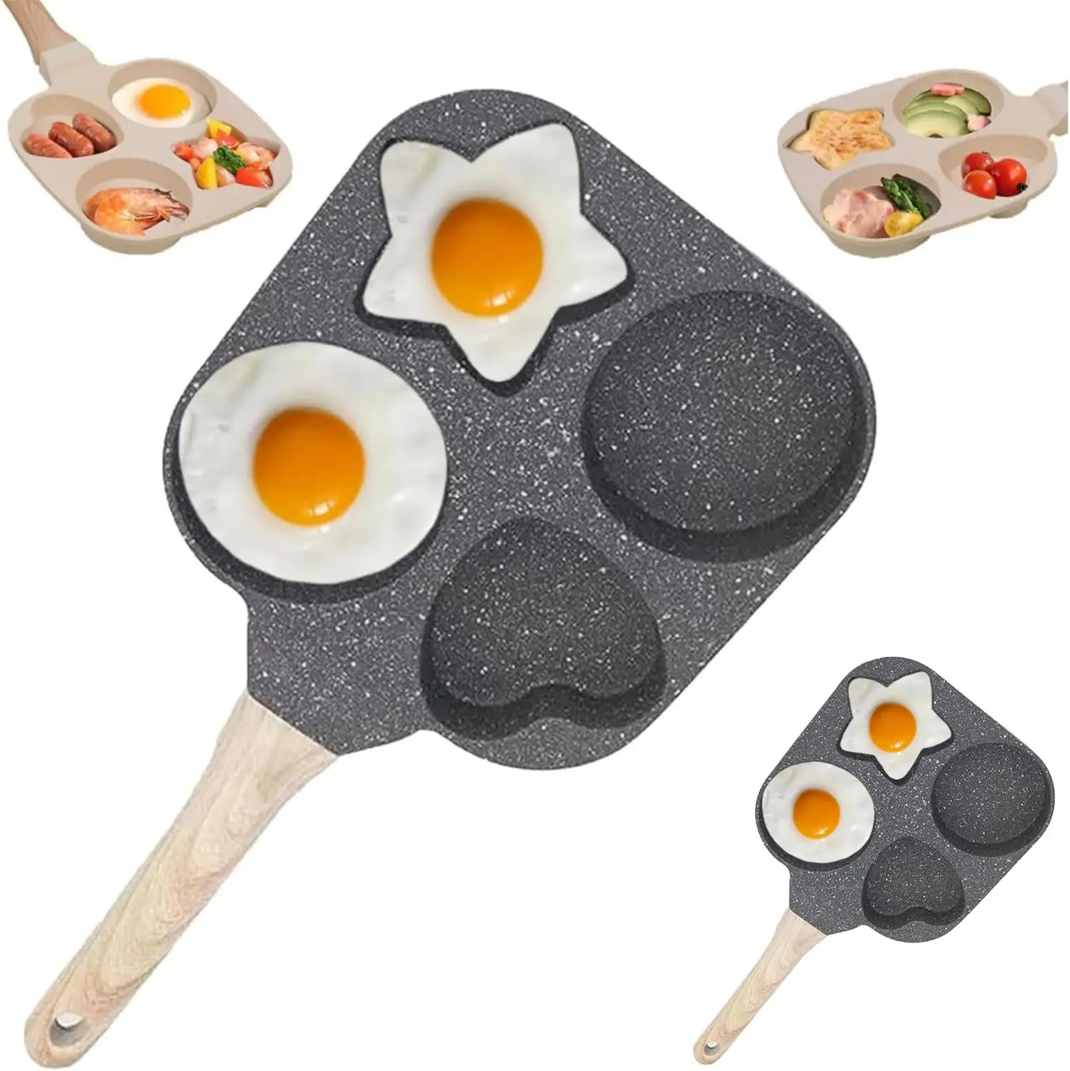 Creative Shaped 4-Hole Non-Stick Frying Pan with Handle - Kitchen Cookware for Frying Eggs, Pancakes, Student Breakfast Bento Prep