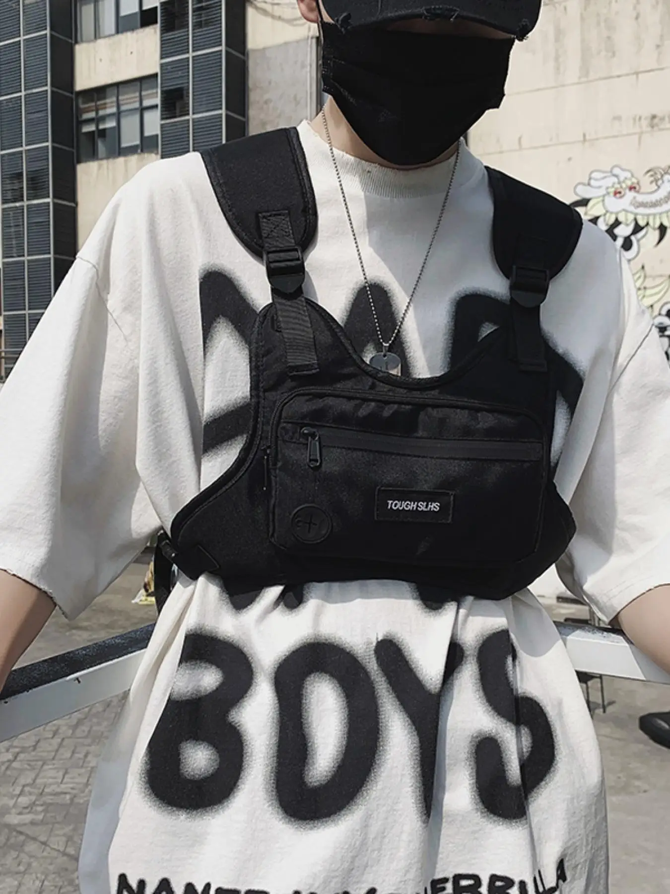 Men's Street Fashion Plain Letter Detail Release Buckle Sling Bag, Fashion Letter Label Patch Zipper Chest Bag, Casual Street Oxford Vest Bag For Dail