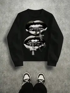 Men's Hip Hop Streetwear Sweatshirt with Bold Lips and Jewelry Print for Urban Fashion and Casual Outings