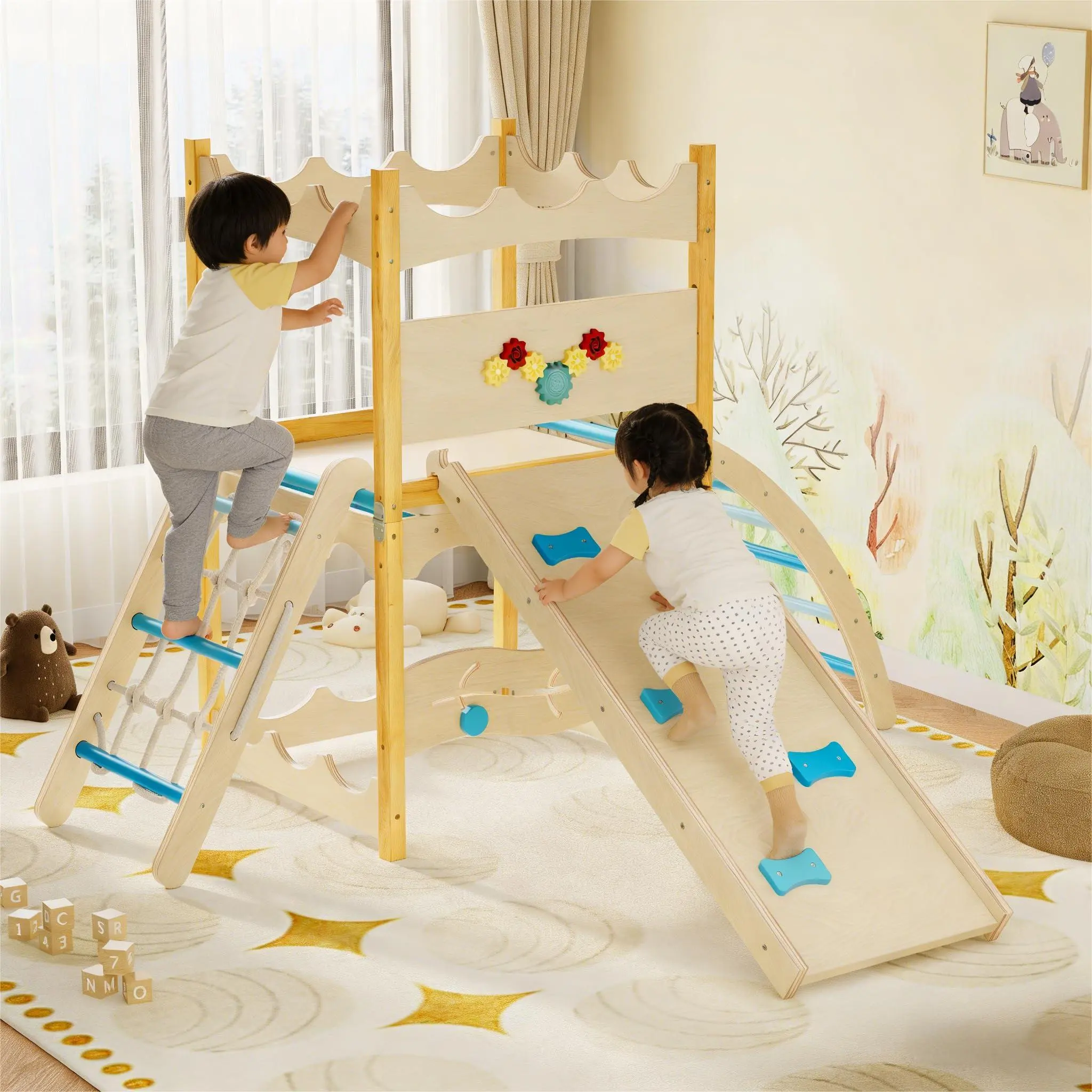 Indoor Jungle Gym, 6-in-1 Wooden Kids Climbing Toys with Slide, Climbing Rock, Climbing Net, Ladder, Rest Area & Circle Labyrinth – Montessori Indoor Playground Climber Set for Toddlers and Kids