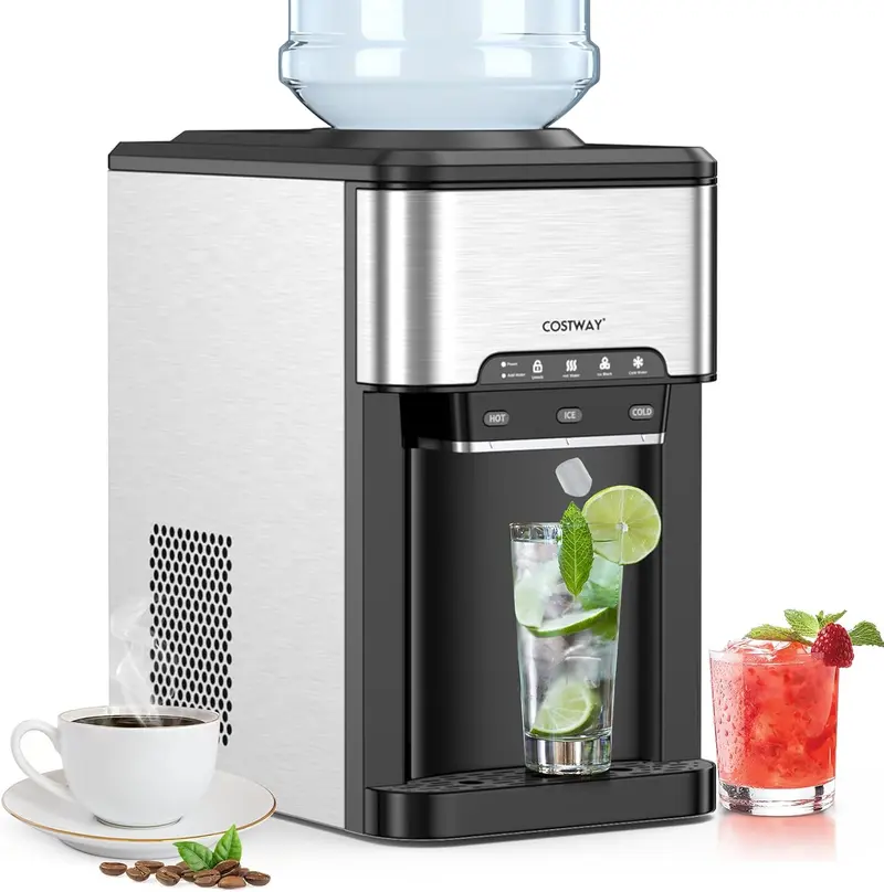 COSTWAY 3-in-1 Water Dispenser with Ice Maker, 48Lbs/24H Countertop Ice Machine with Safety Lock, 2-Way Add Water, 3-5 Gallon Bottle Water Cooler, Stainless Steel, Home, Kitchen, Bar, Party -COSTST