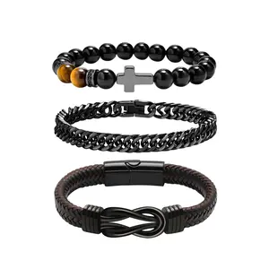 OIDEA Cross Infinity Knot Bracelets Set for Men, Stainless Steel Braided Leather Beaded Wristband, 3 Piece Jewelry