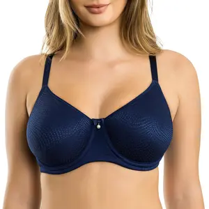 PARFAIT Pearl P60921 Women's Non-padded Seamless Minimizer Full Busted Bra Navy Jacquard Design Spandex Fabric Double Lined Moulded Cups