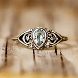 1pc Stylish Aquamarine Synthetic Colored Gemstone Ring - Star Celestial Motif Almond-Shaped Teardrop, Bohemian Holiday & Romantic Promise Costume Jewelry for Weddings, Birthdays, Almond-Shaped Rings, Celestial Motif Rings