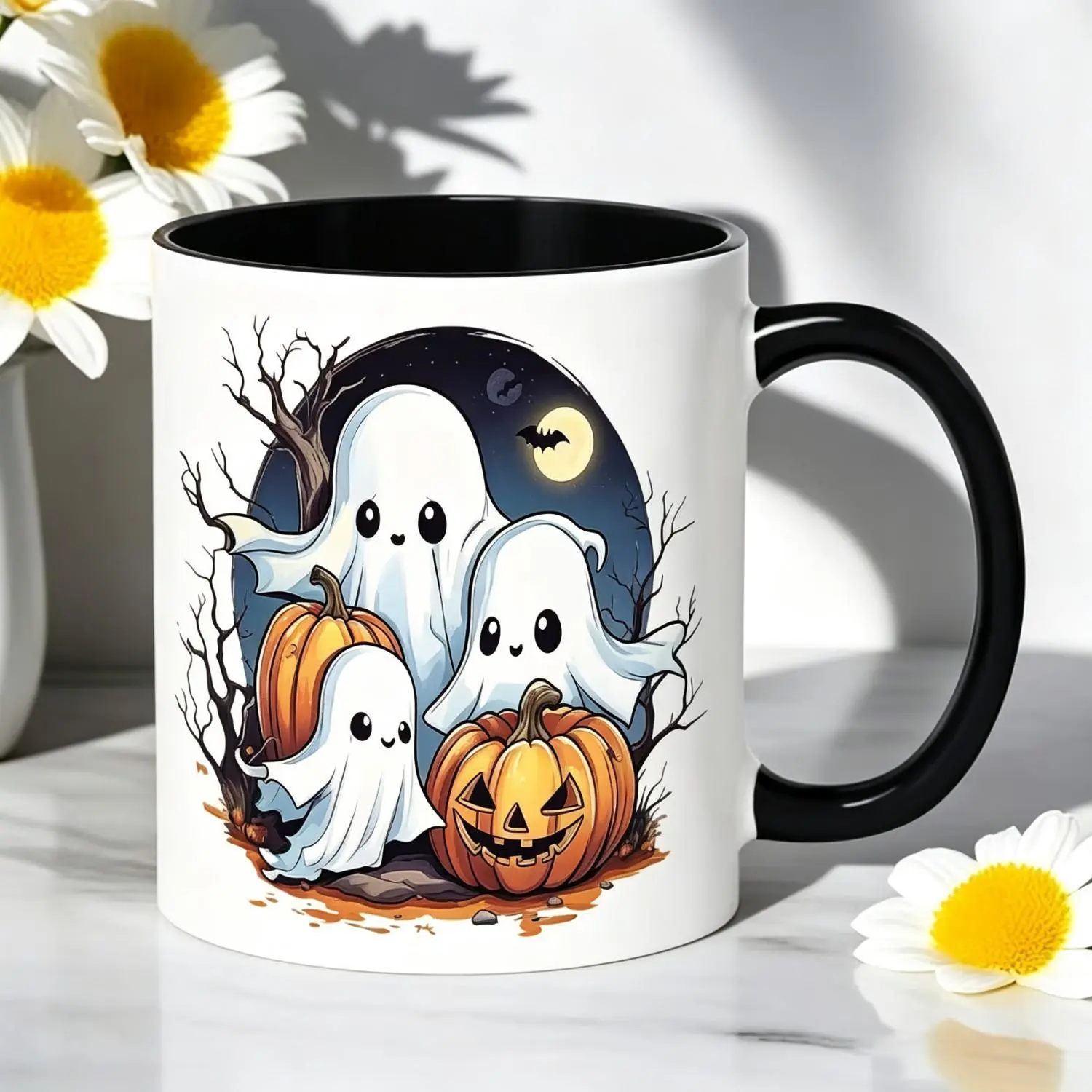 1pc 11oz Ceramic Mug with Ghosts & Pumpkins Design Suitable for Halloween Thanksgiving Graduation Gifts Reusable Coffee Cup for School Office Home Use Coffee Bar Accessories