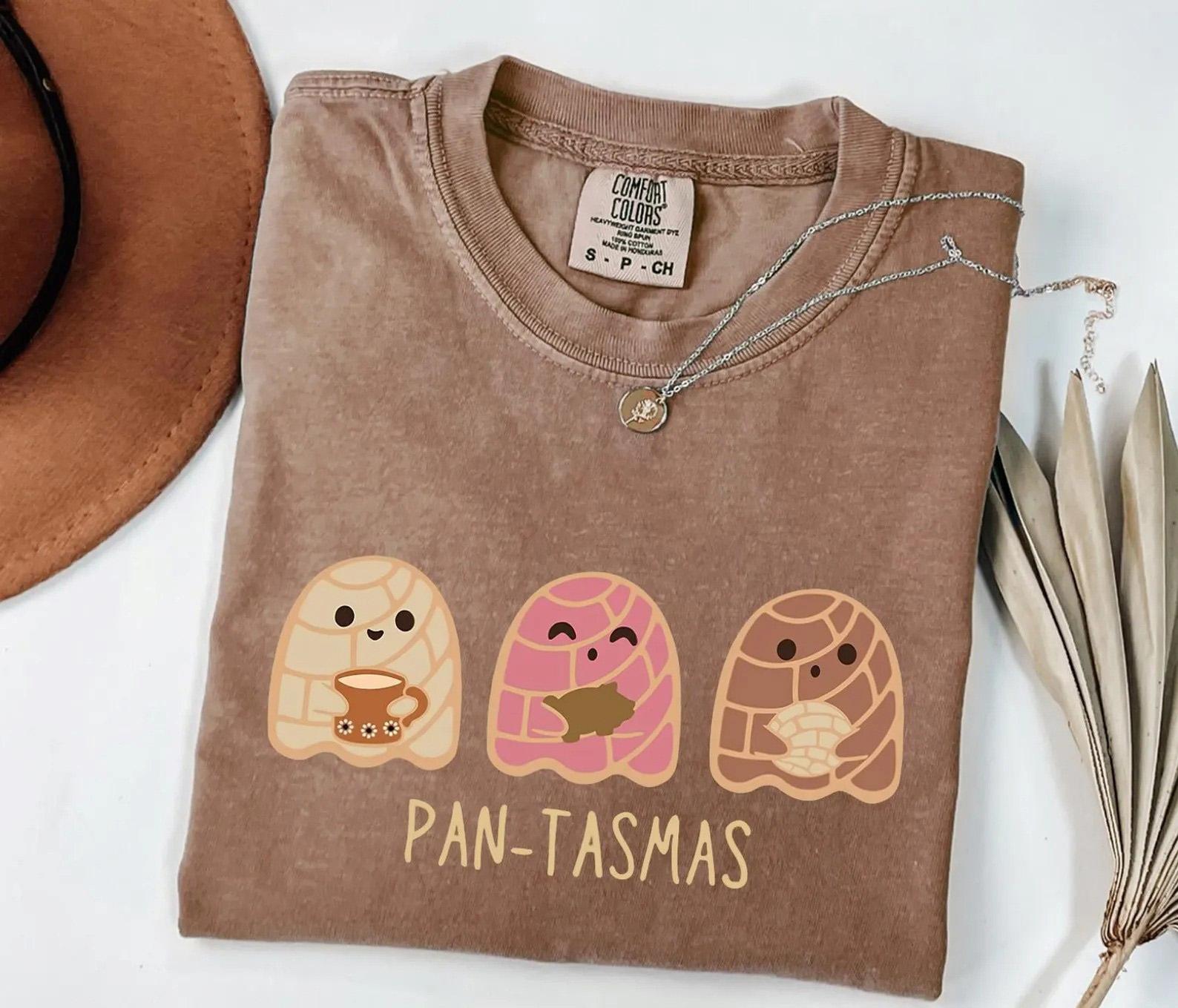 Pan-Tasmas Pan Dulce Ghost Shirt, Funny Mexican Sweet Bread and Coffee Graphic Tee, Hispanic Bakery Humor Halloween T-Shirt for Women and Men