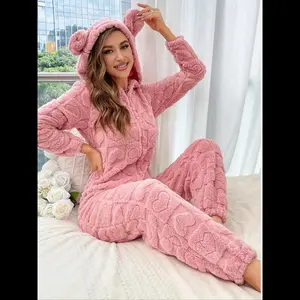 Women's Plush Onesie Pajamas Set, Long Sleeve Hooded Jumpsuit with Ears Design, Autumn Winter Warm Sleepwear for Ladies