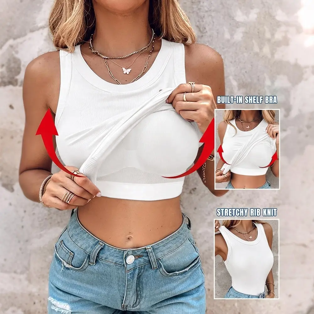 CHICME Women's Built-in Bra Tank Tops Sleeveless Casual Shirts Racerback Ribbed Fitted Tank Tops