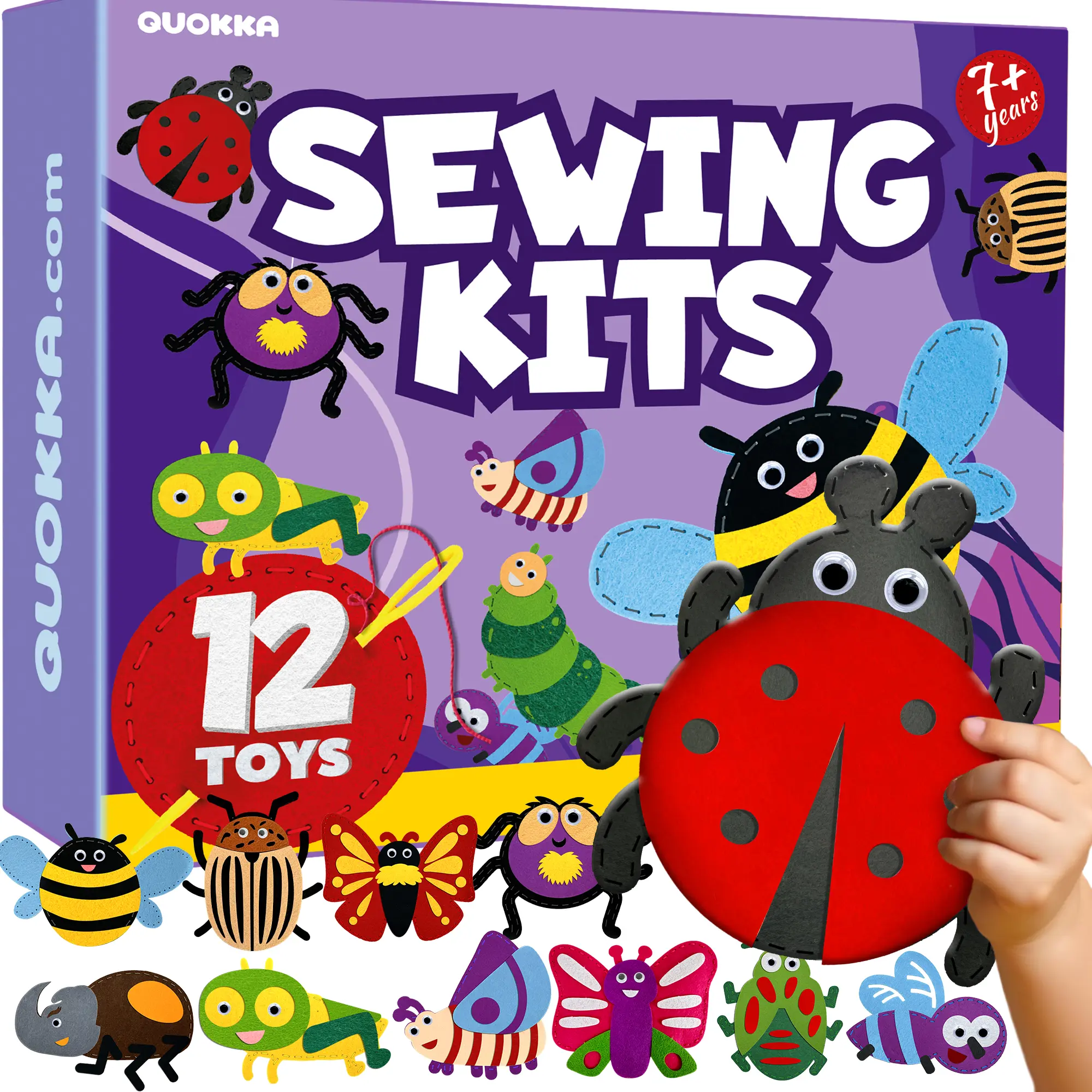 QUOKKA Unisex Kids' Felt Sewing DIY Handmade Craft Kit - Bugs & Insects Themed Learning Set, 12 Basic Projects, Beginner Sewing Supplies, Develops Creativity & Fine Motor Skills, Ages 7+, Great for Birthdays & Holidays