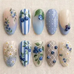 milo.nail&care Blueberry Meadow Press-On Nails, Hand Painted Floral & Berry Art, Powder Blue Stripe Mix, Glossy Cottage Summer Picnic Handmade Nail Set