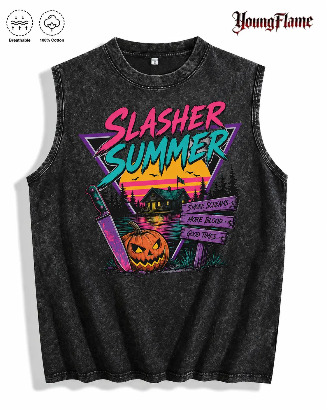 Vintage Acid Wash 80s Horror Summerween Graphic Tee A Comfortable Summer Gift Synthwave Streetwear Y2K Clothing Men Sleeveless Tank Top cotton shirt fall fashion outfit
