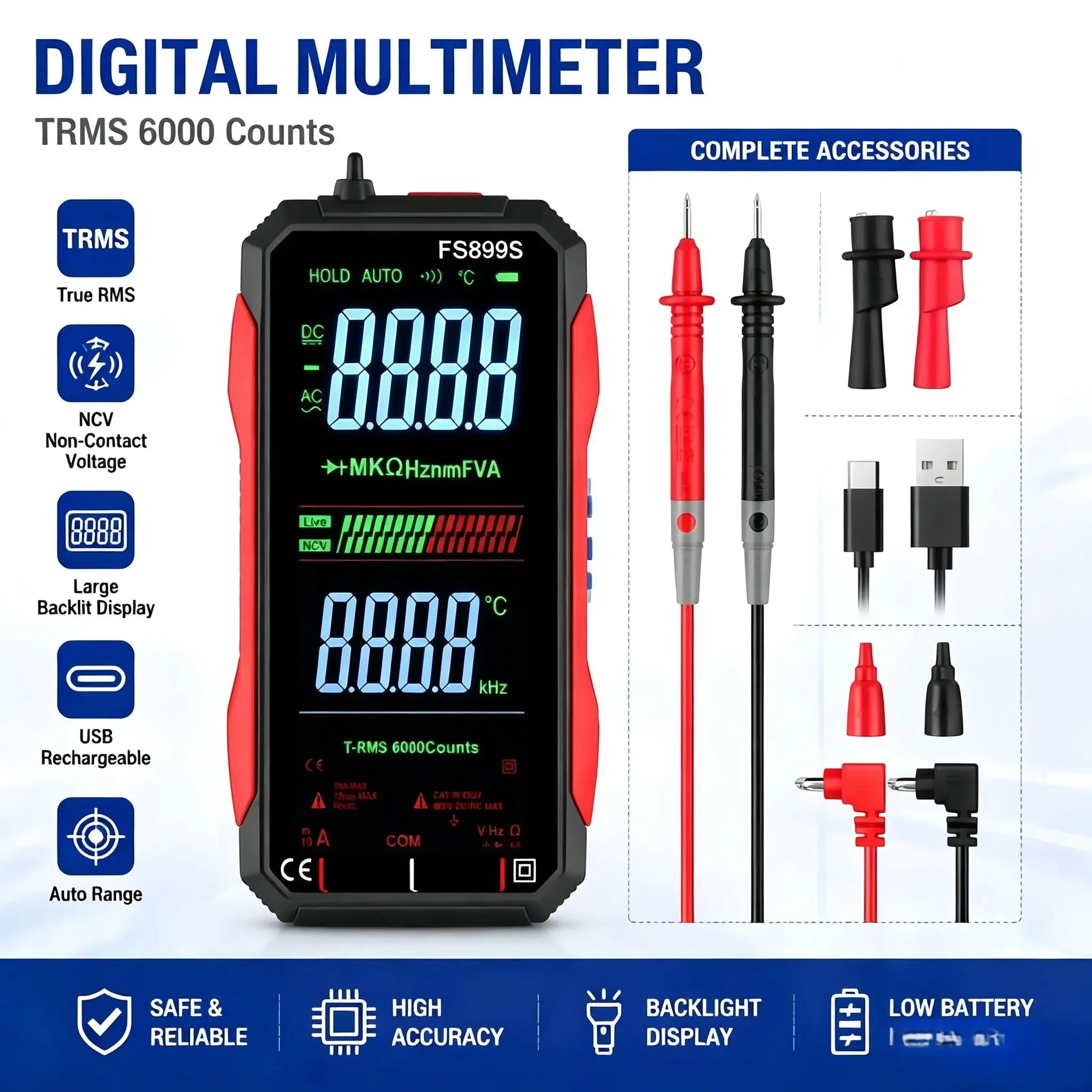 upgrade TRMS 6000-Count Digital Multimeter,Counts Large Color Screen & Backlight, Smart Auto Ranging Multimeter,for Automotive Home,burn proof meter,ncv non-contact detection,Voice broadcast function