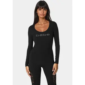 Women's Bebe Logo Long-Sleeve Scoop-Neck Rib Top with Single Stone
