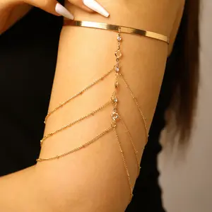 Glam Multi-Layer Arm Chain, Gold Tone with Crystal Bead and Rhinestone Details, Adjustable Arm Cuff with Hanging Chains for Elegant & Statement Looks