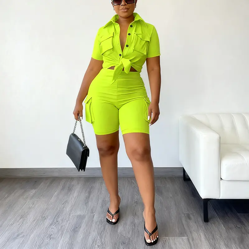 Echoine Summer 2 piece sets Women's V Neck Button Down Shirt & High Waist Bodycon Shorts Set Fluorescent Green Polyester Soft Elastic Breathable Tracksuit Casual Blouse Jogger matching sets for women Shortsleeve Womenswear Pockets Stretchy Solid