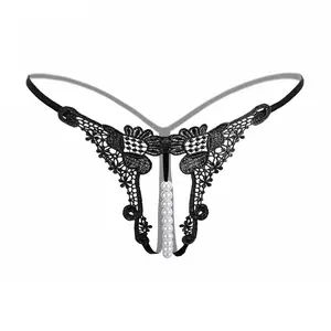 Fashionable Lace Embroidered Sexy Women's Panties, Low Waist G-String With Faux Pearl Massage Open Crotch Design, Lingerie For Valentine's Day For Going Out