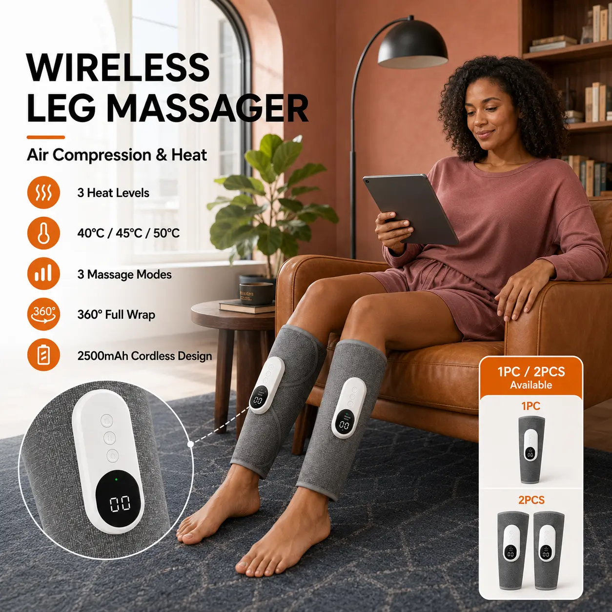 Leg Massager Set of 2 with Air Compression & Heat Function 3 Intensity Settings for Calf Relief Cordless Dual-purpose for Feet Legs Thighs and Knees Ideal Gift for Christmas 1Pc massager, Massage Devices, Feet&Thighs