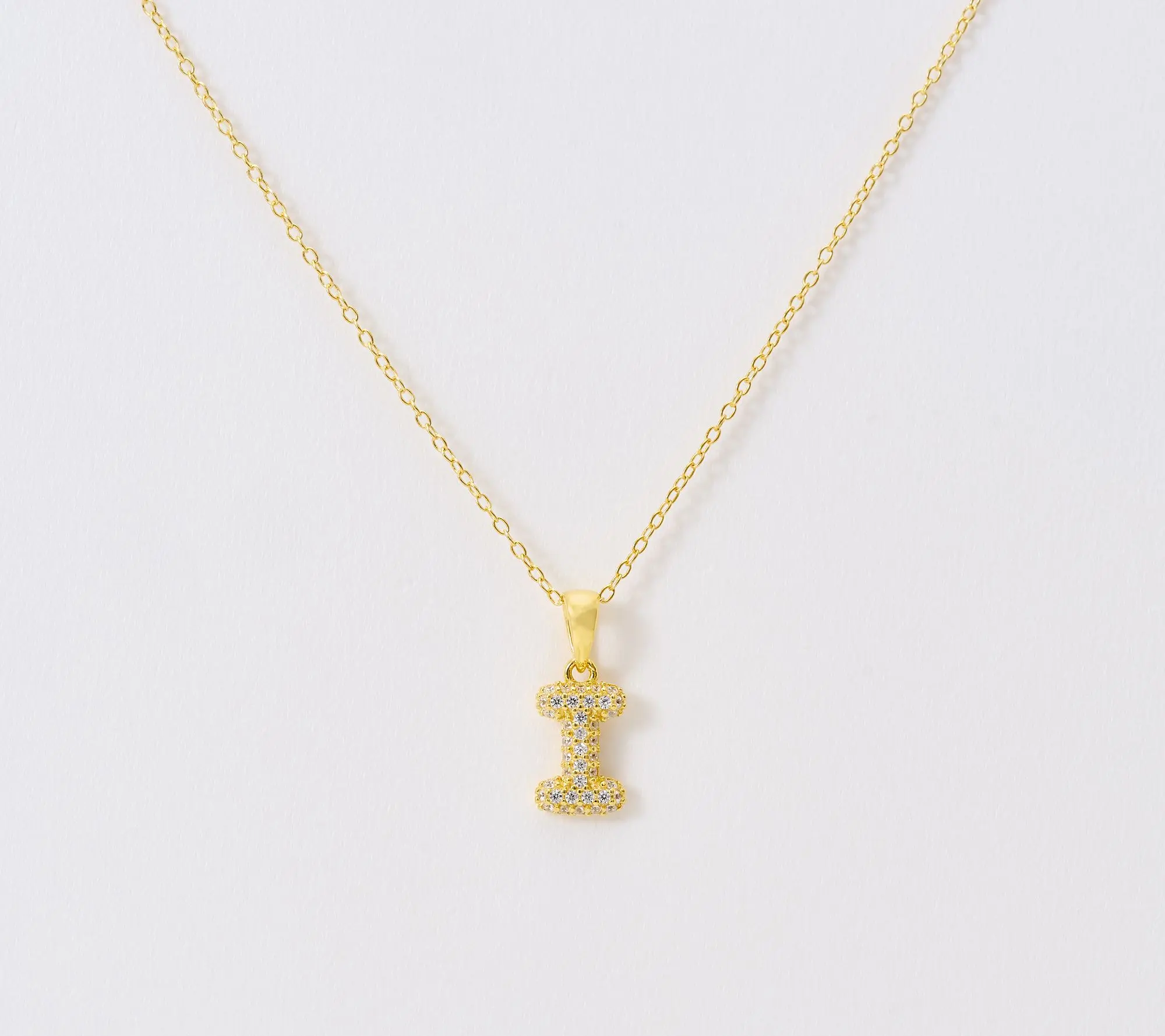 Diamonique Puffed Pave Bale Initial Necklace w/ Box, 14k Plated Diamonique Puffed Pave Bale Initial Necklace w/ Box, 14k Plated