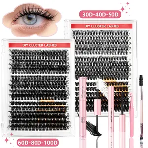 Lash Clusters Kit, Eyelash Clusters Individual Lash Extension Kit D Curl Fluffy Wispy False Eyelashes Extensions Thin Band with Bond Seal Tweezers Brush Removers (30D-40D-50D/60D-80D-100D KIT 8-16mm)