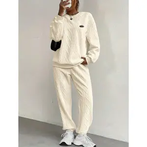 Solid Color Knitted Two-Piece Casual Sports Long Lantern Sleeve round Neck Drop Shoulder Sweatshirt and Sport Pants Suit Suitable for Autumn and Winter Women's Clothing