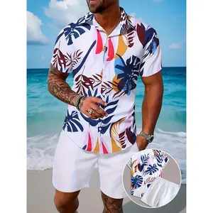 Men'S Casual Short-Sleeve Shirt Paired with Drawstring Pocket Shorts, a Two-Piece Set Perfect for Summer Hawaiian Vacations And Sports, Can Also Be Used As Loungewear.