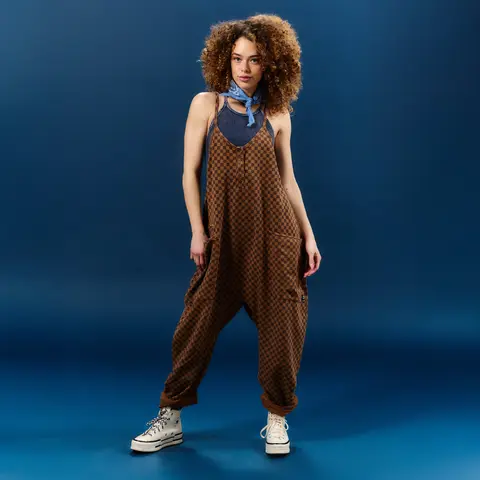 RAGS Women's Checkered Washed Cocoa Brown Sleeveless Tank Overalls Romper - Adjustable Straps, Stylish Design, Functional Pockets, Size Inclusive Jumpsuits & Rompers
