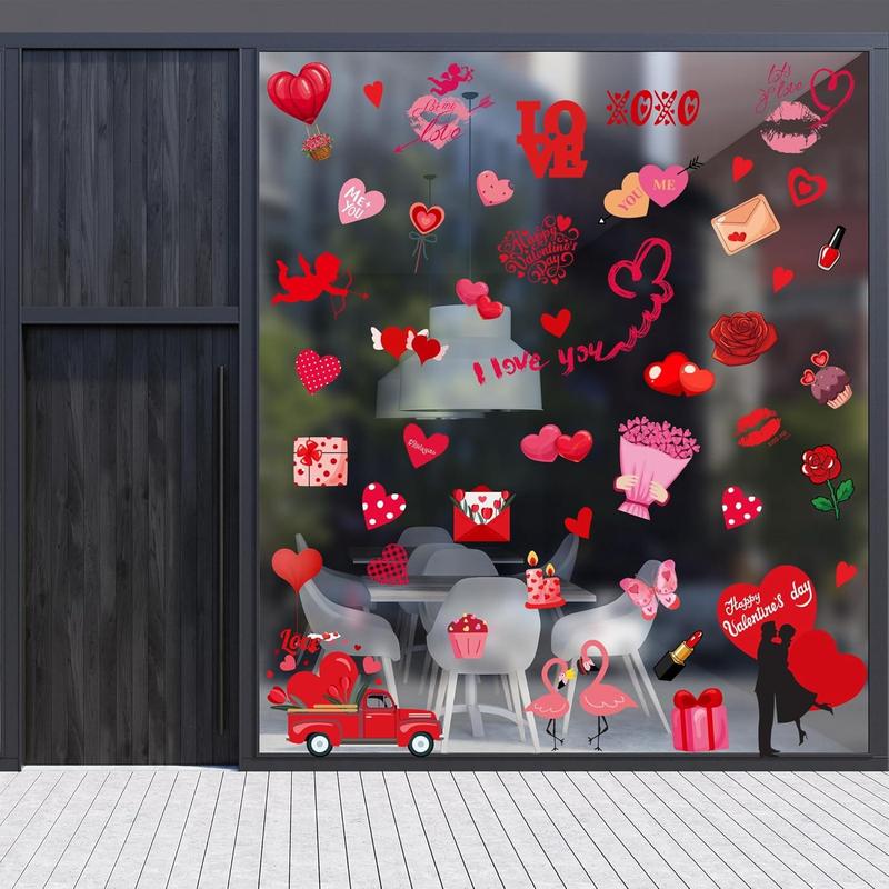 i-Beeboo Valentines Day Decor Window Clings 10 Sheets for Glass Windows Double-Sided Heart Decals with Red Love Flowers & Gifts Easy to Apply No Adhesive Needed