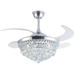 42" Invisible Ceiling Fan Chandelier with Light,Modern Crystal Ceiling Fan Light Remote Control 4 Retractable ABS Blades for Bedroom Living Dining Room Decoration (Silver)