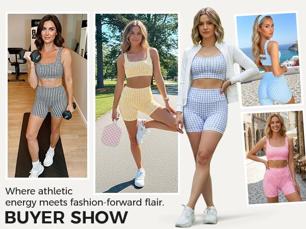 Aoysky Womens Workout Gingham 2 Piece Outfits Padded Open Back Crop Tank High Waist Seamless Sports Shorts Sets Casual Yoga Matching Sets S-XXL
