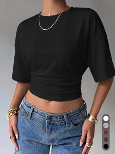 Women's Cinched Waist Top Ruched Dolman Short Sleeve Crop Top Fit Casual Going Out T Shirt Basic Womenswear