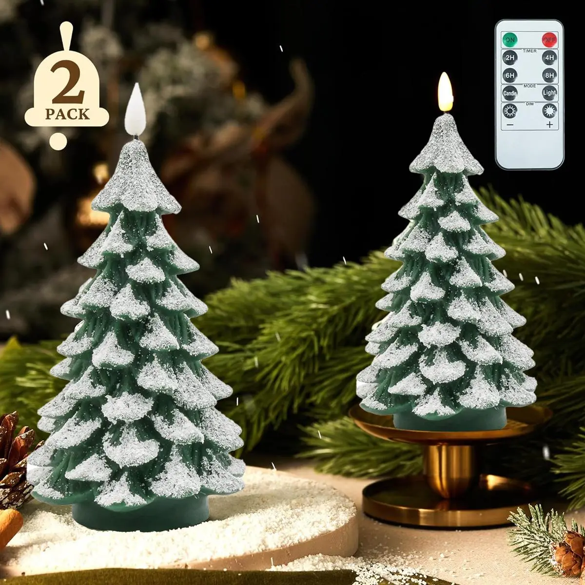 Christmas Decorations Indoor, Christmas Decor - Christmas Tree Candles Battery Operated, Flameless LED Candle Lights with  Timer, Xmas Home Decor, Set of 2(Green)