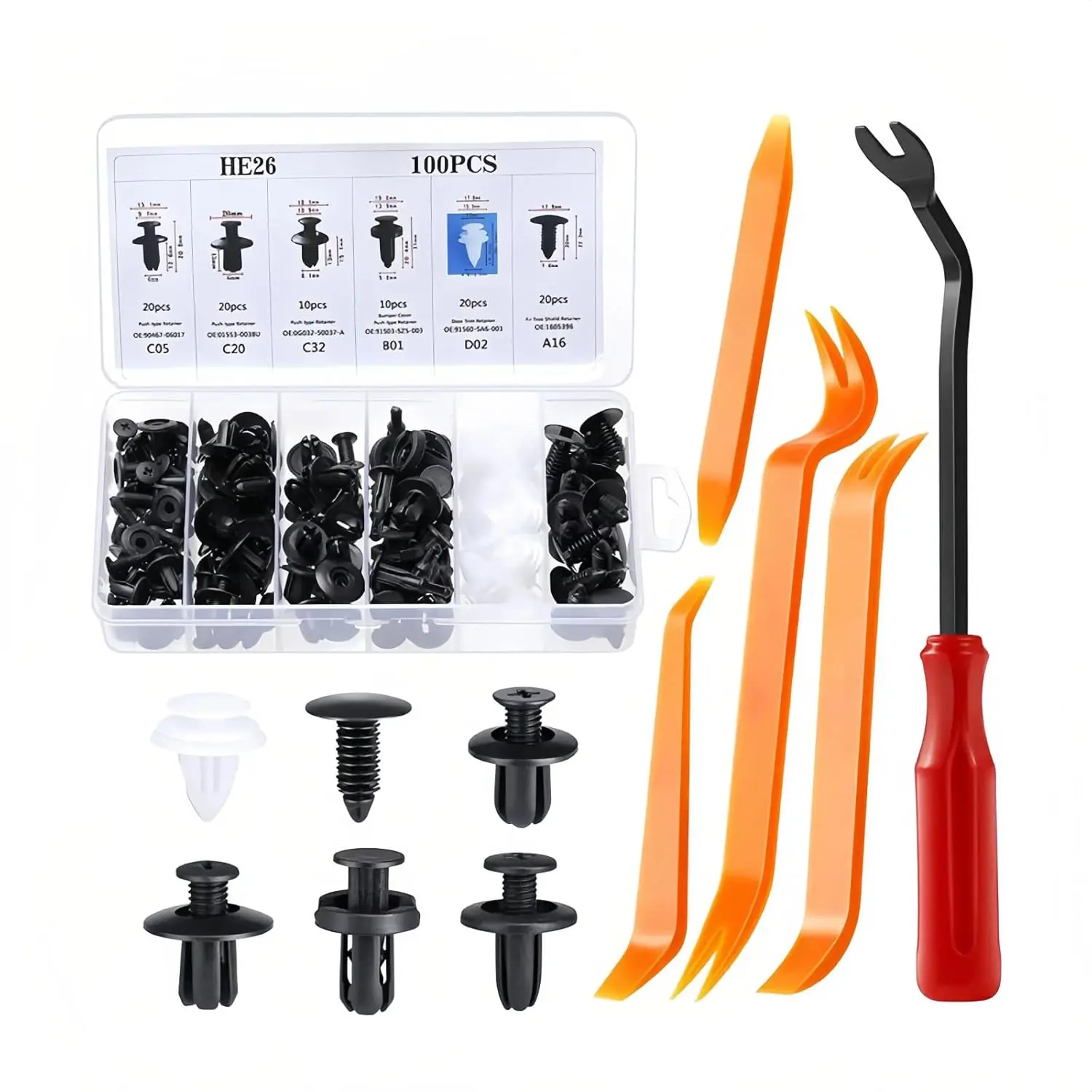 Universal Multi-Size Car Bumper Clips Kit - 100 Pcs Plastic Push Pin Rivets (6 Popular Sizes), 5 Fastener Removers, Easy Install, Secure Hold for Auto Repairs