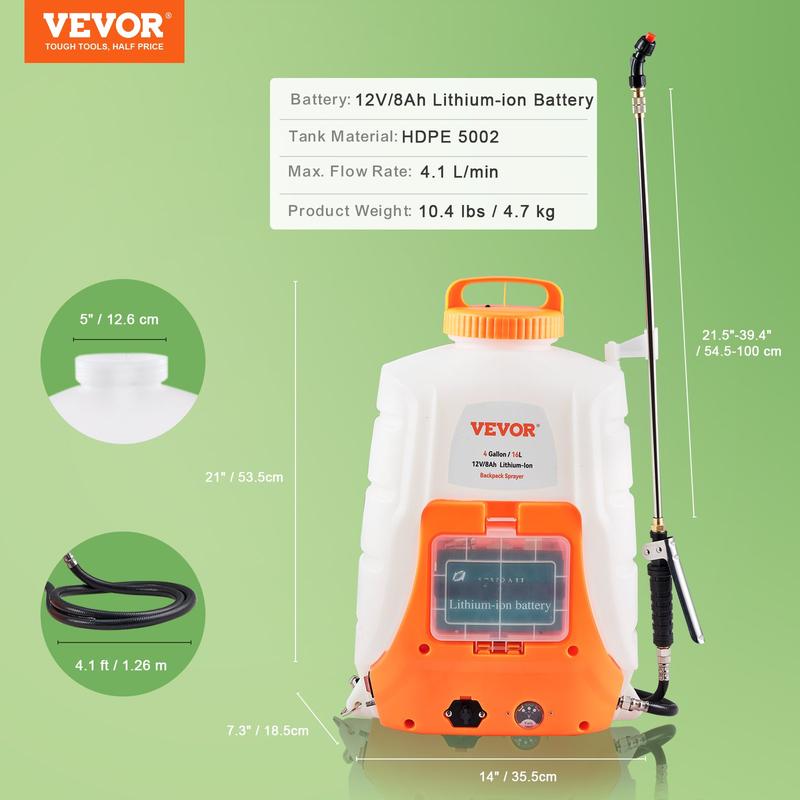 VEVOR Battery Powered Portable Backpack Sprayer, 0-90 PSI Adjustable Pressure, 4 Gallon Tank, Back Pack Sprayer with 8 Nozzles and 2 Wands, 12V 8Ah Battery, Wide Mouth Lid for Weeding, Spraying, Cleaning VEVOR Super Brand Day  VEVOR Super Brand Day