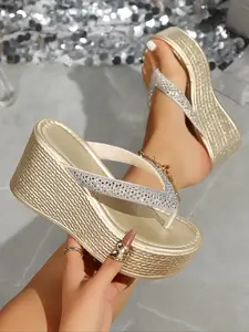 Women's 2026 Summer Vacation Essential Rhinestone Flip Flop Wedge PU Leather Sandals, Platform Thong Slide Footwear for Beach, Poolside & Casual Summer Days