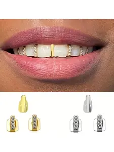 Three-piece set of tooth clips with rhinestones, combined with trendy hip-hop streetwear for dancers. This outfit features unique accessories and is suitable for Halloween stage performances. It is available in both men's and women's versions.