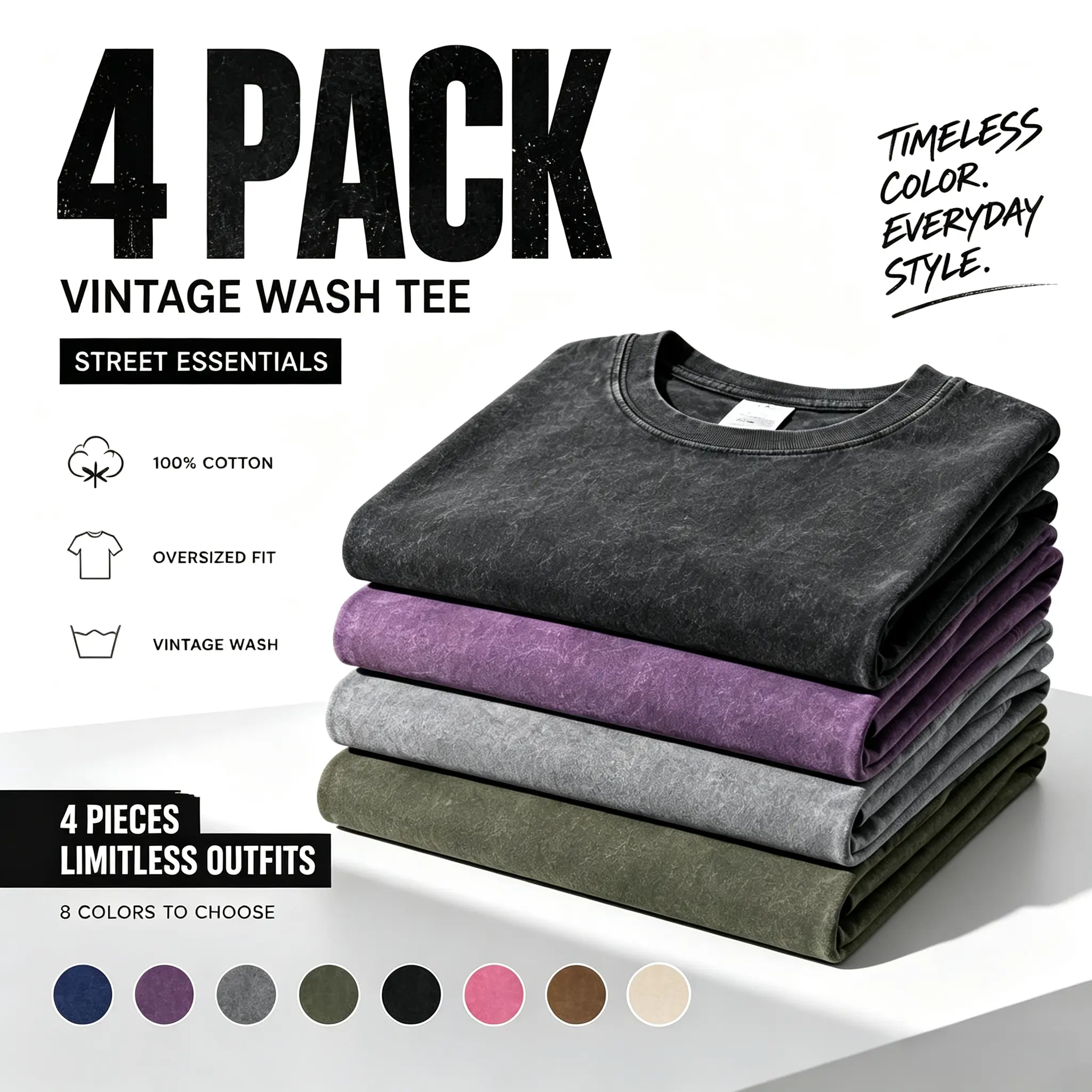 Menswear 4-Pack Unisex Round Neck Oversized Cotton Vintage Heavyweight Acid Wash Baggy T-Shirts, Plain Casual Gym Workout Streetwear Tees (Beige) Crewneck Top, Oversized T Shirt