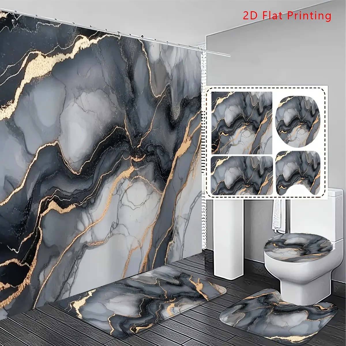 4pcs Bathroom Set, Elegant and Gorgeous, Modern Marble Print Shower Curtain Paired with 12 C-shaped Hooks and Bath Non-Slip Mats - Luxury Bathroom Decor with Toilet Lid Cover. Exquisite and Practical Home Decoration Gift.