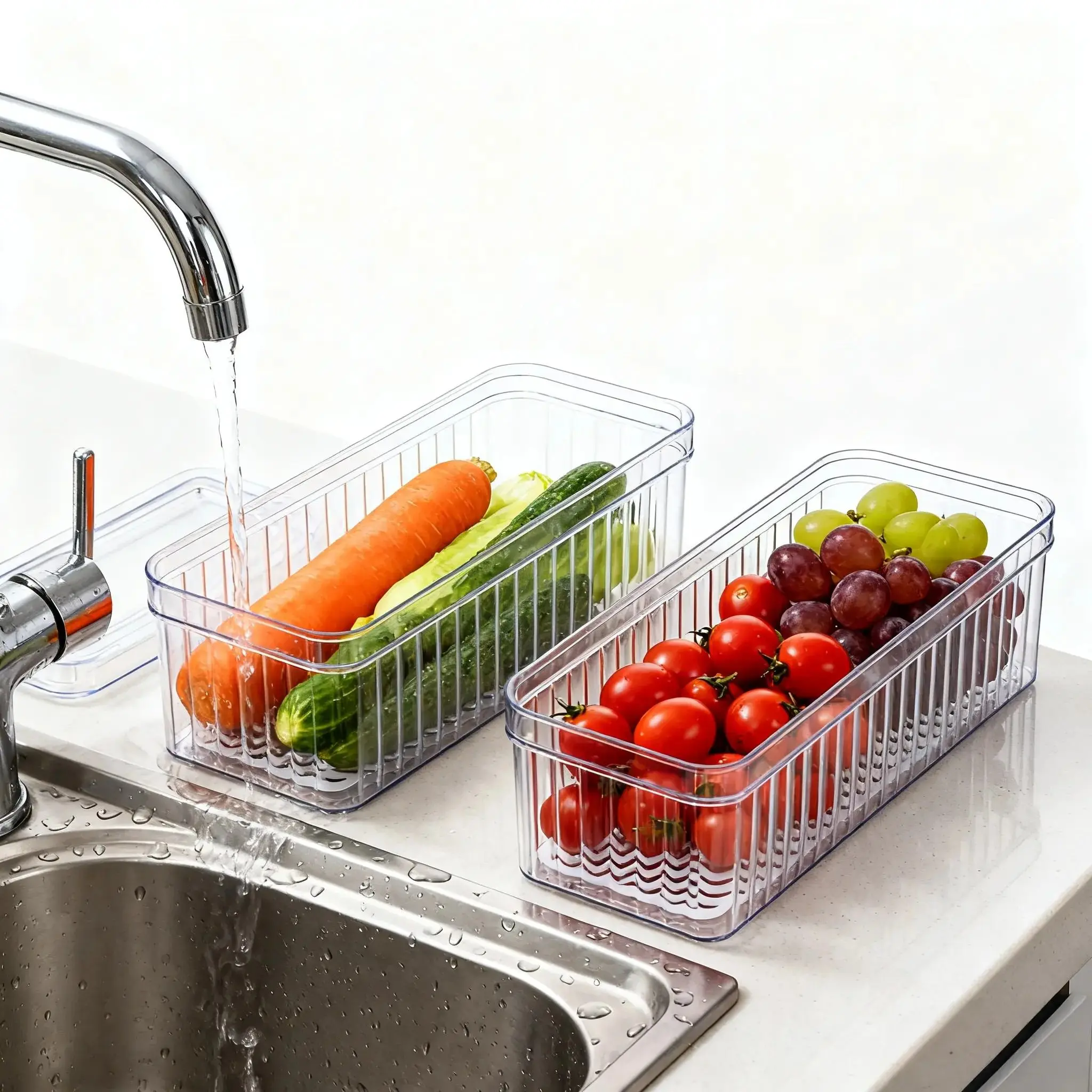 7-Pack Clear Stackable Refrigerator Organizer Bins with Lids & Drain Trays - Multi-Size Acrylic Produce Saver Food Storage Containers for Fresh Berries, Fruit, Veggie, Kitchen Pantry, Bathroom Cabinet Organizers - BPA-Free (Not Dishwasher Safe