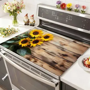 Soft Electronic Stove Panel Protector Pad, Sunflower Flower Wood Grain Design, Scratch Resistant, Easy to Clean, Multi-Purpose Kitchen Cover
