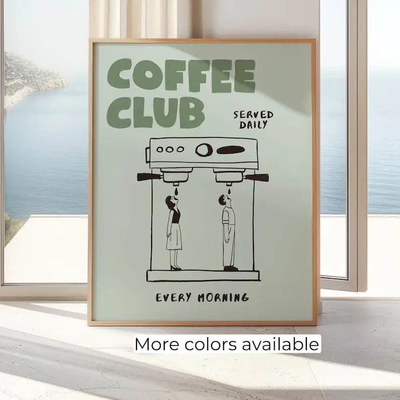 Hand Drawn Retro Classic Rustic Coffee Club Unframed Paper Poster Print - Multi-Sizes (8x10,24x36,27x40,30x30) Border, Decorative Artistic Illustration, Coffee Lovers Home Decor, Shipping Tube Included MR3, Drawing/Sketch