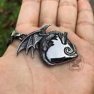 GTHIC Vintage Gothic Dragon Heart Stainless Steel Pendant for Men Women Animal Statement Jewelry Father's Day Gift