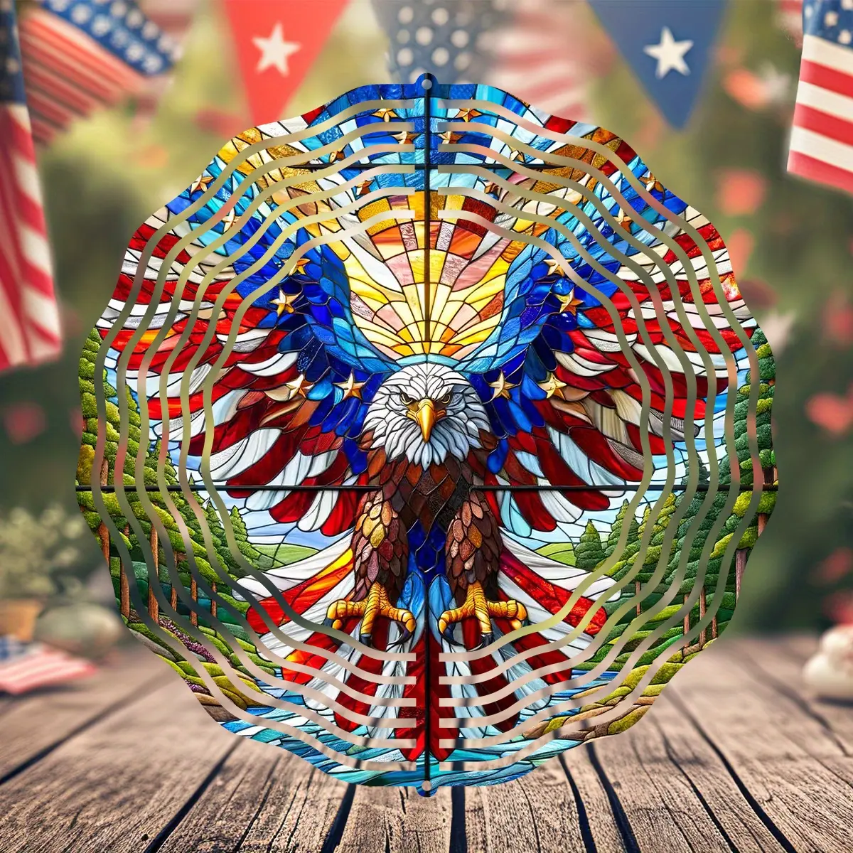Premium 10" 3D Kinetic Spin Bald Eagle Hanging Wind Spinner - 3D Eagle Silhouette, Stained Glass Look Metal Decor, USA 250th Anniv Minimalist Patriotic Yard Ornament, Father's Day Flat Pack Wind Chime Parts, Single Unit Outdoor Decor