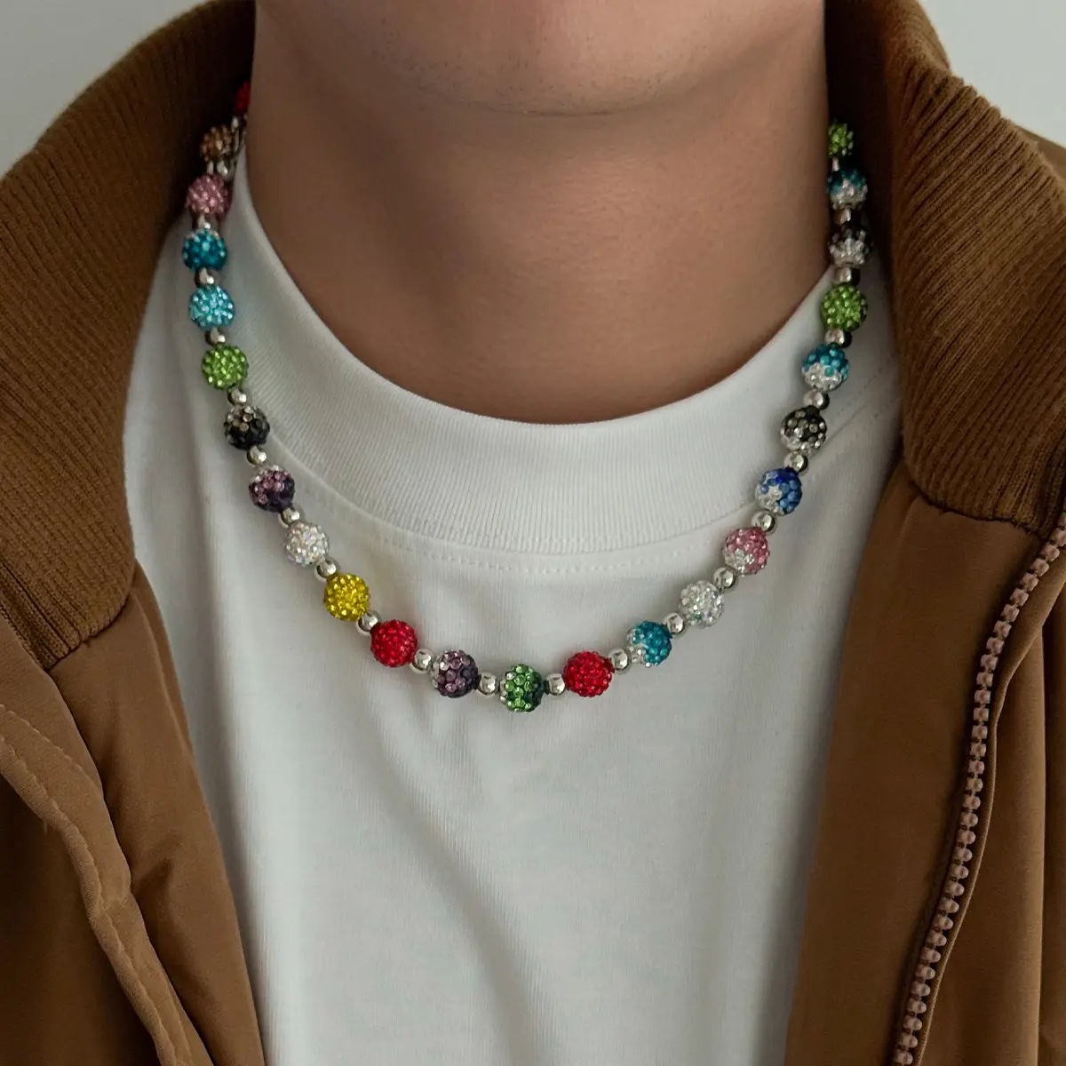 Men's High-End Hip-Hop Niche Jewelry Set, Colorful Rhinestone Soccer-Baseball Shiny Soft Ceramic Ball Necklace & Waist Chain, Multifunctional Affordable Jeans Pants Chain (Fashion Accessories for Casual Wear)