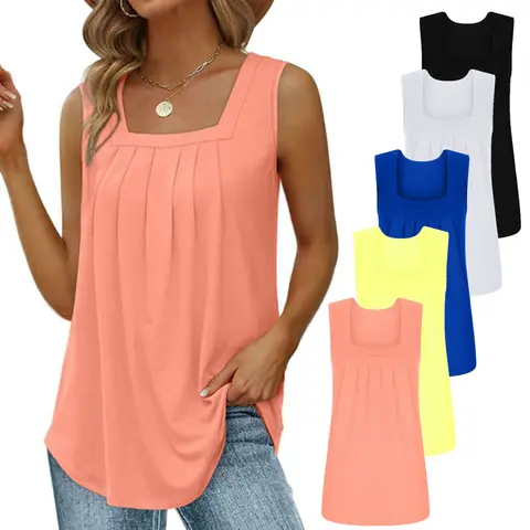 5 Pack Loose Fit S-3XL Summer Sleeveless Square Neck Tops Flowy Pleated Tunic Tank Tops for Women