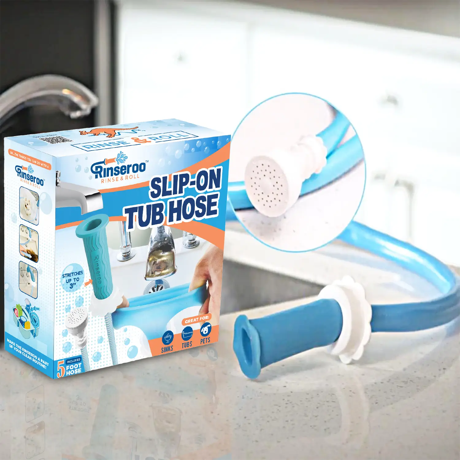 Rinseroo Slip-On Bathtub Faucet Sprayer Attachment Ultra-Flex 10" Nylon Strap Included for Easy Installation & 90-Day Warranty - Bathroom Essentials A