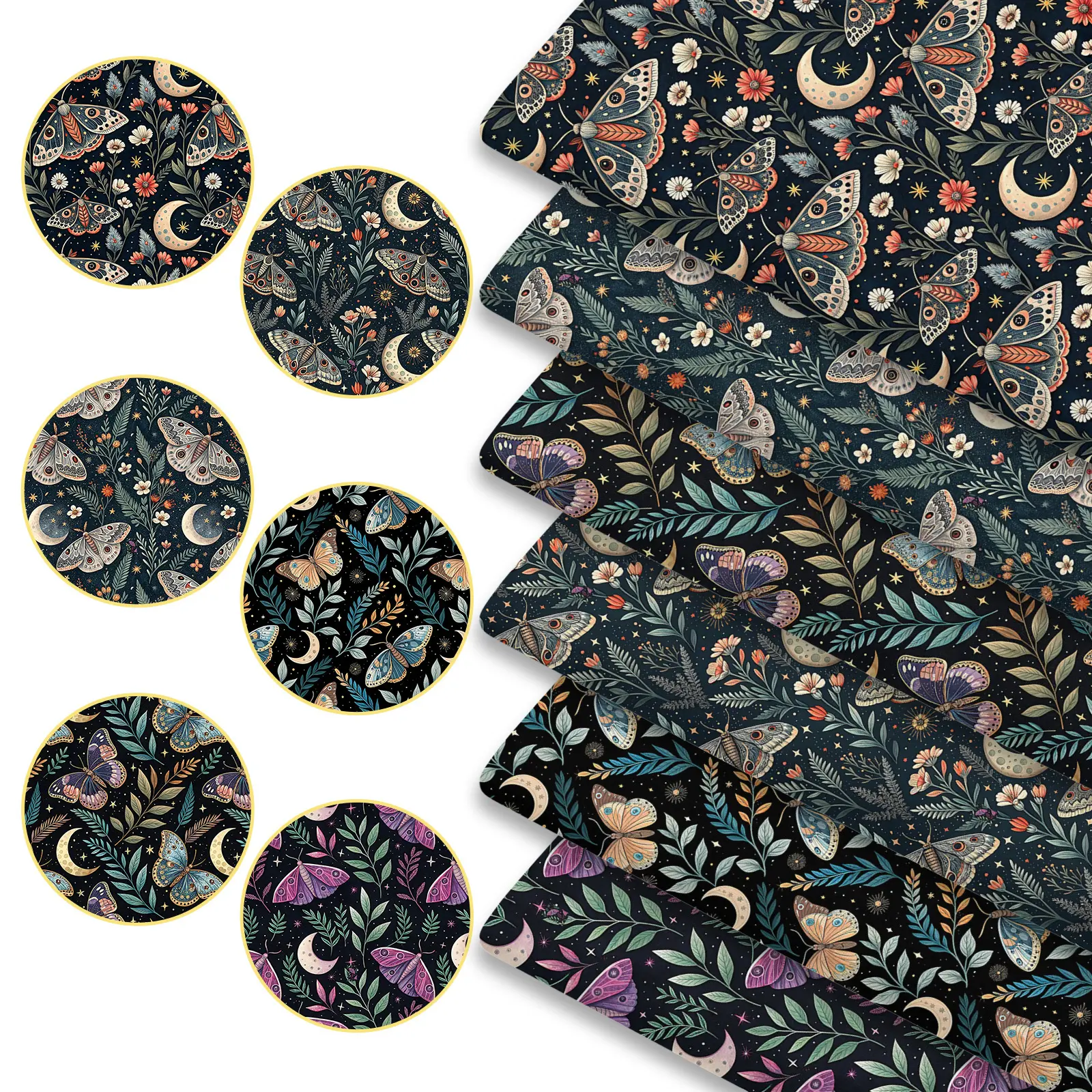 6pcs Mystic Night Butterflies Moon Print Fabric Bundles, 45cm*50cm/17.72in*19.69in Celestial Starry Sky Fabric Squares for Quilting, Patchwork DIY Sewing Material for Bedding, Tablecloth, Bags, Headbands, Pillowcases