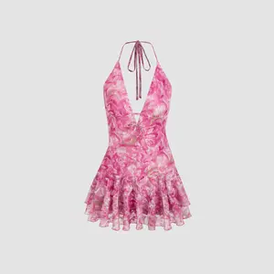 Cider Lace Halter Neckline Floral Layered Mini Dress