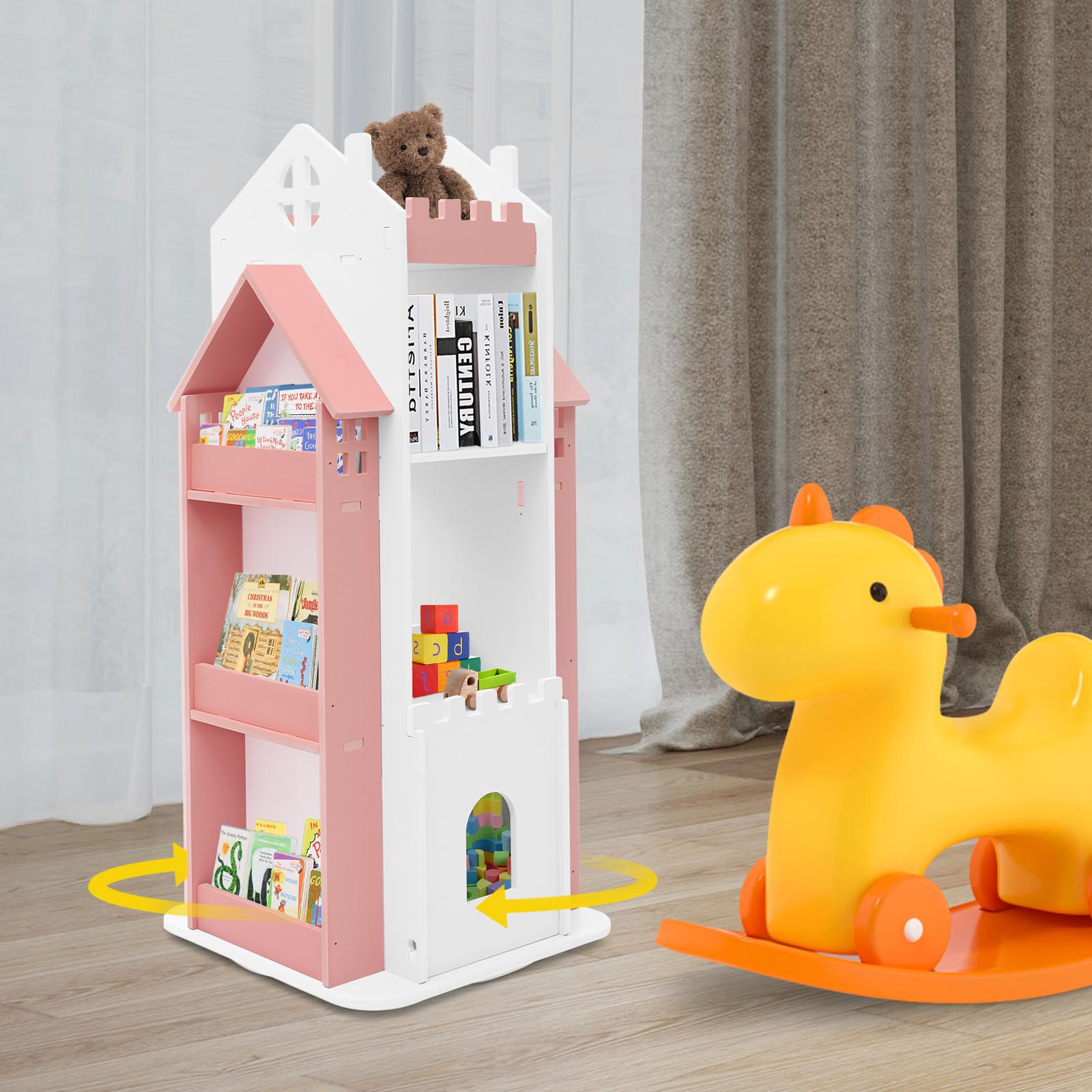 Modern pink-and-white color-block children’s rotating bookshelf, made of PVC×ABS, durable and easy to clean, high load capacity, multi-tier large storage capacity, freestanding floor-standing organizer for home, kids’ rooms, and studies/libraries.