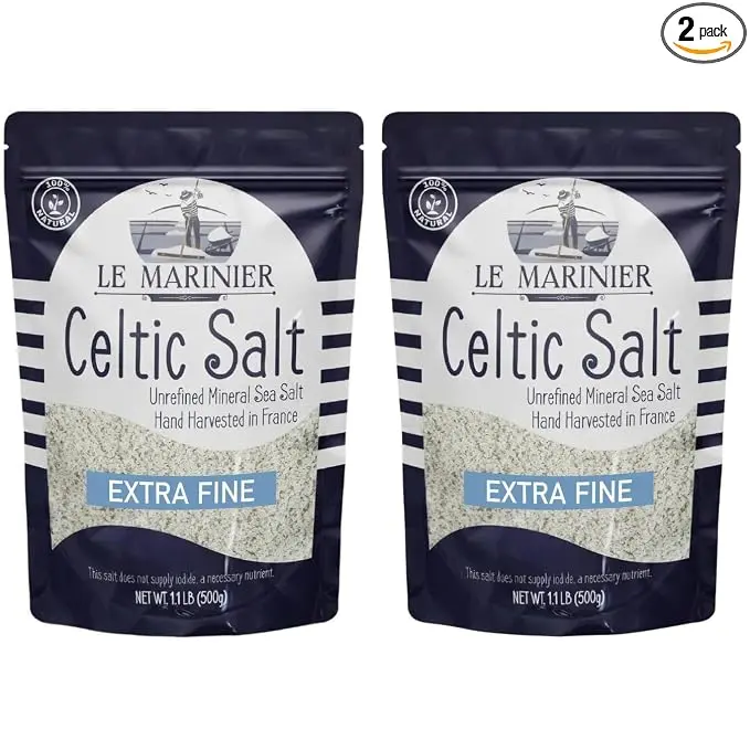 🔥 BEST SELLER!  Le Marinier Celtic Salt Organic Extra Fine, 1.1lb - 18oz Pack of 2. Mineral Rich Unrefined French Sea Salt 100% Natural, Hand Harvested +82 Trace Minerals (1.1lb Extra Fine - Pack of 2)